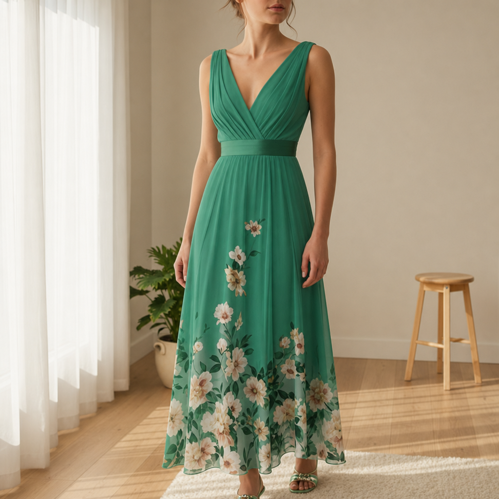Noto Floral Chiffon Maxi Dress in Green