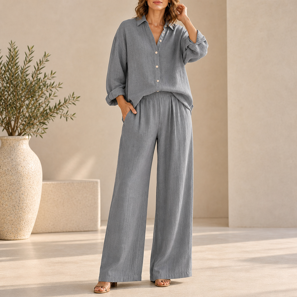 Oviedo Linen Button-Up Co-ord Set in Gray