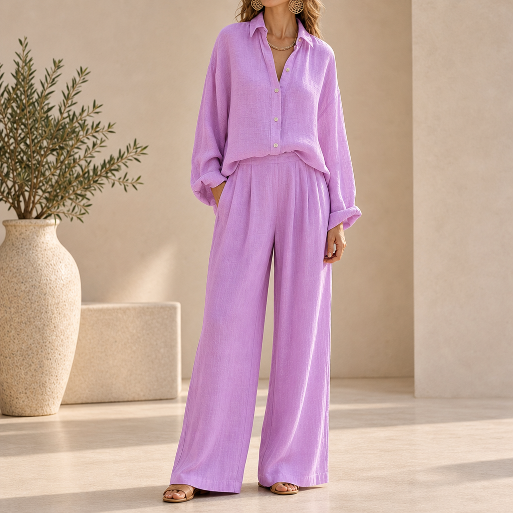Oviedo Linen Button-Up Co-ord Set in Purple