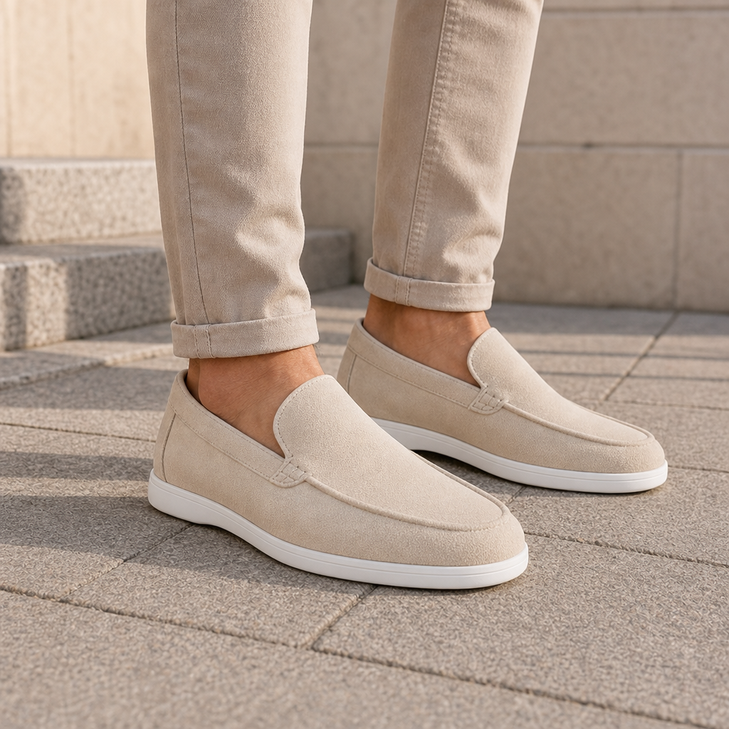 Paphos Suede Slip-On Loafers in Beige