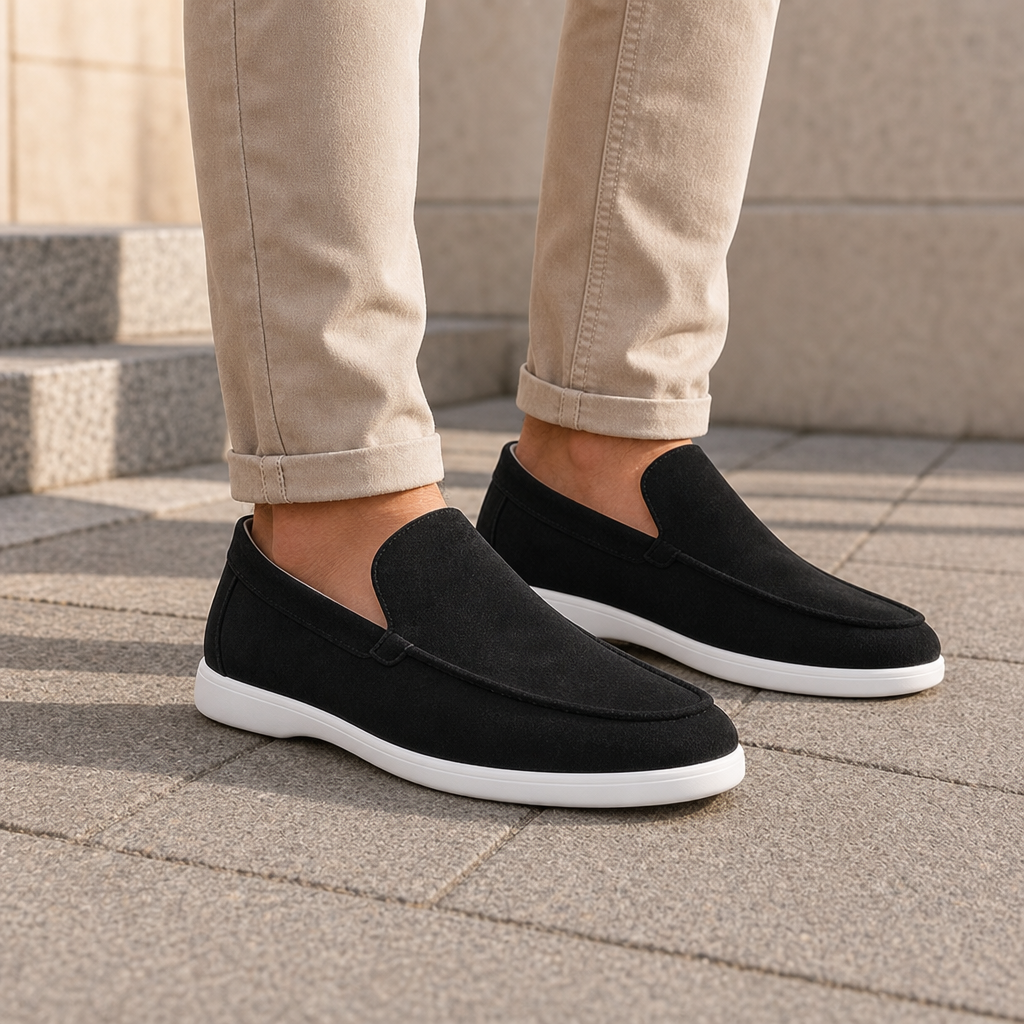 Paphos Suede Slip-On Loafers in Black