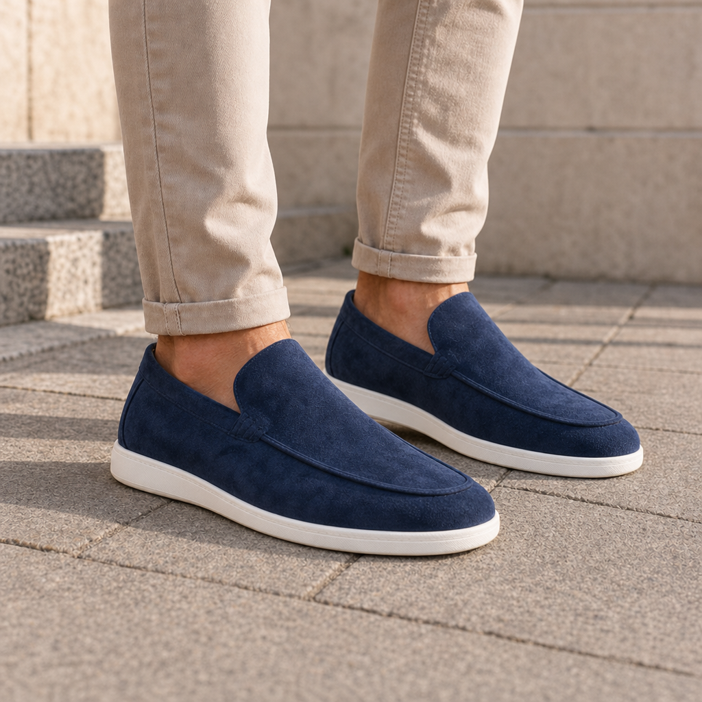 Paphos Suede Slip-On Loafers in Navy