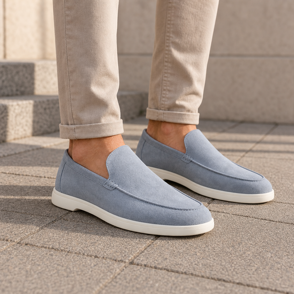 Paphos Suede Slip-On Loafers in Sky Blue