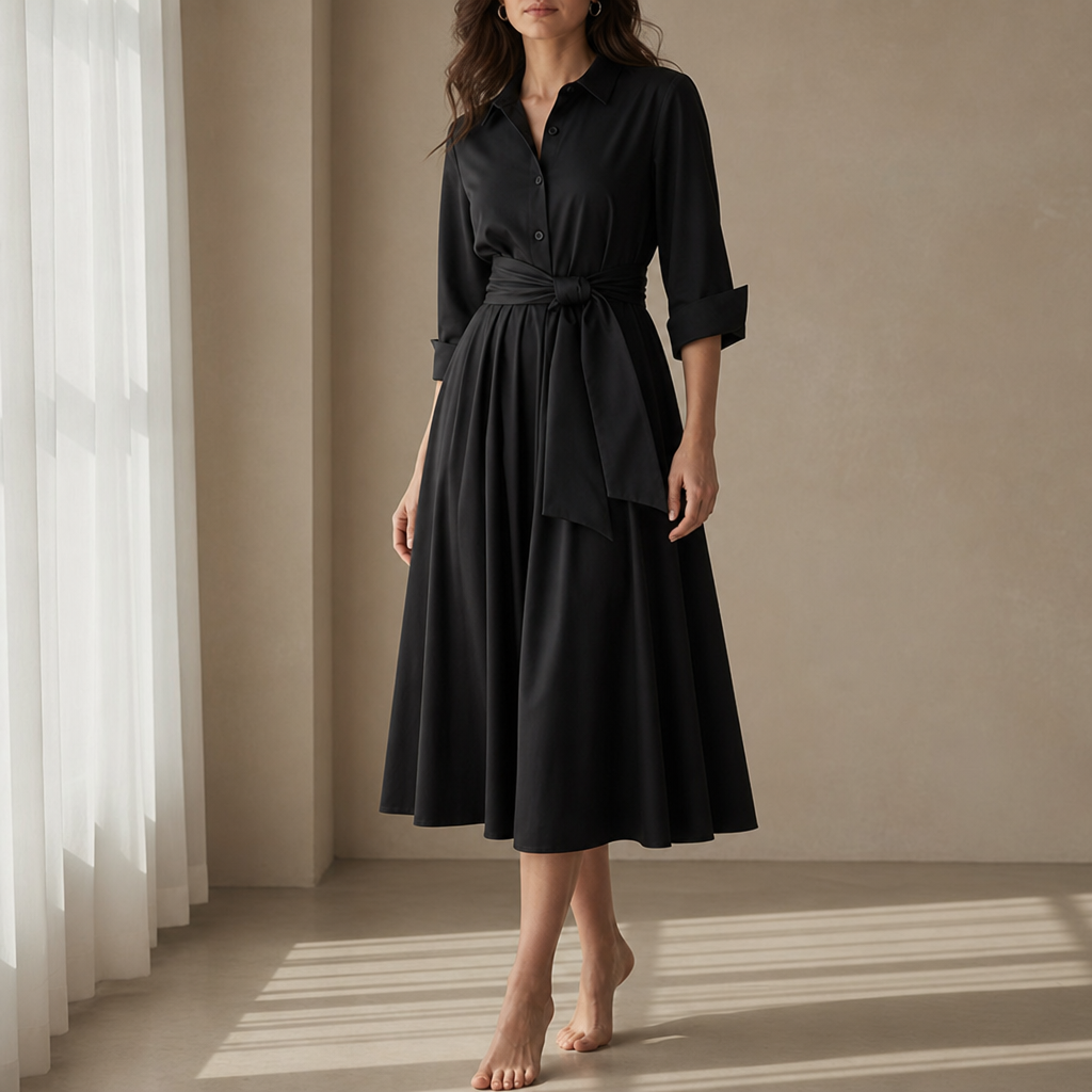 Peniscola Tie Belt Shirt Dress in Black