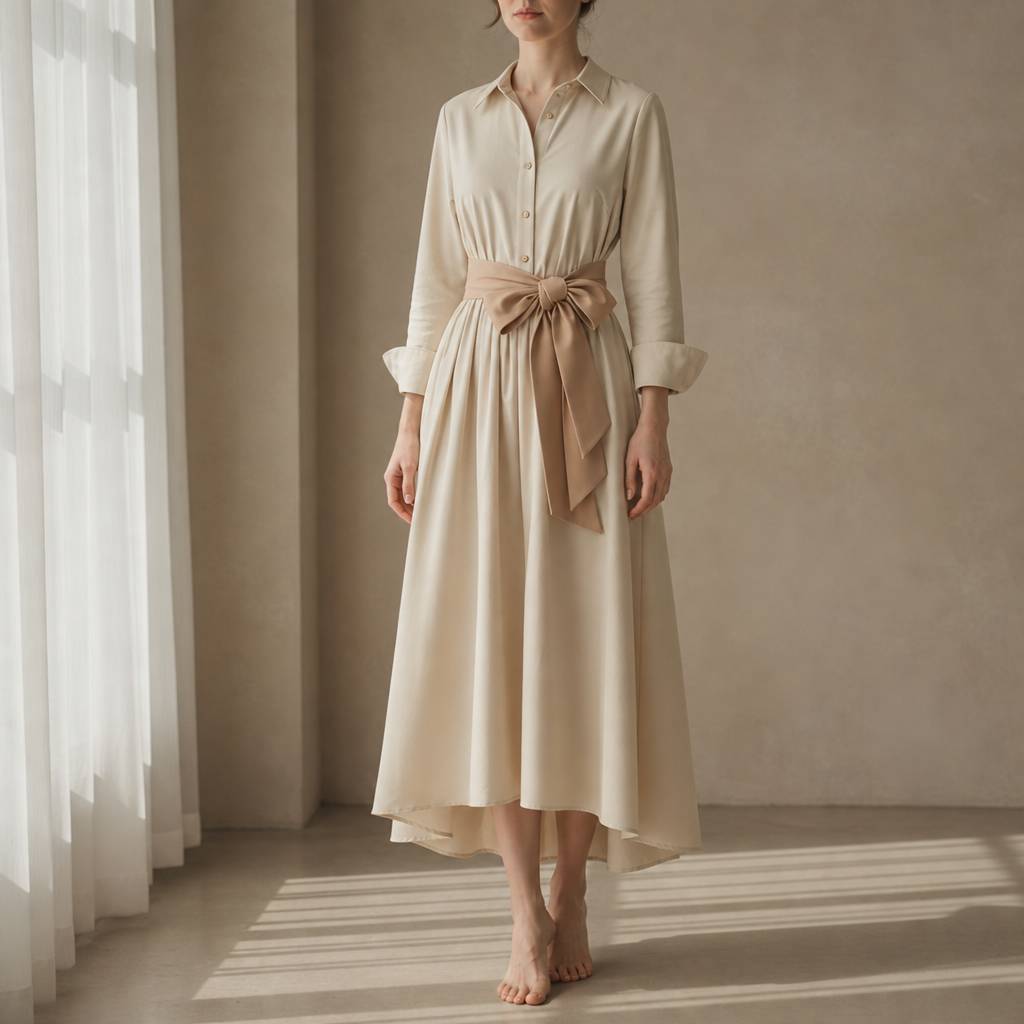 Peniscola Tie Belt Shirt Dress in Beige