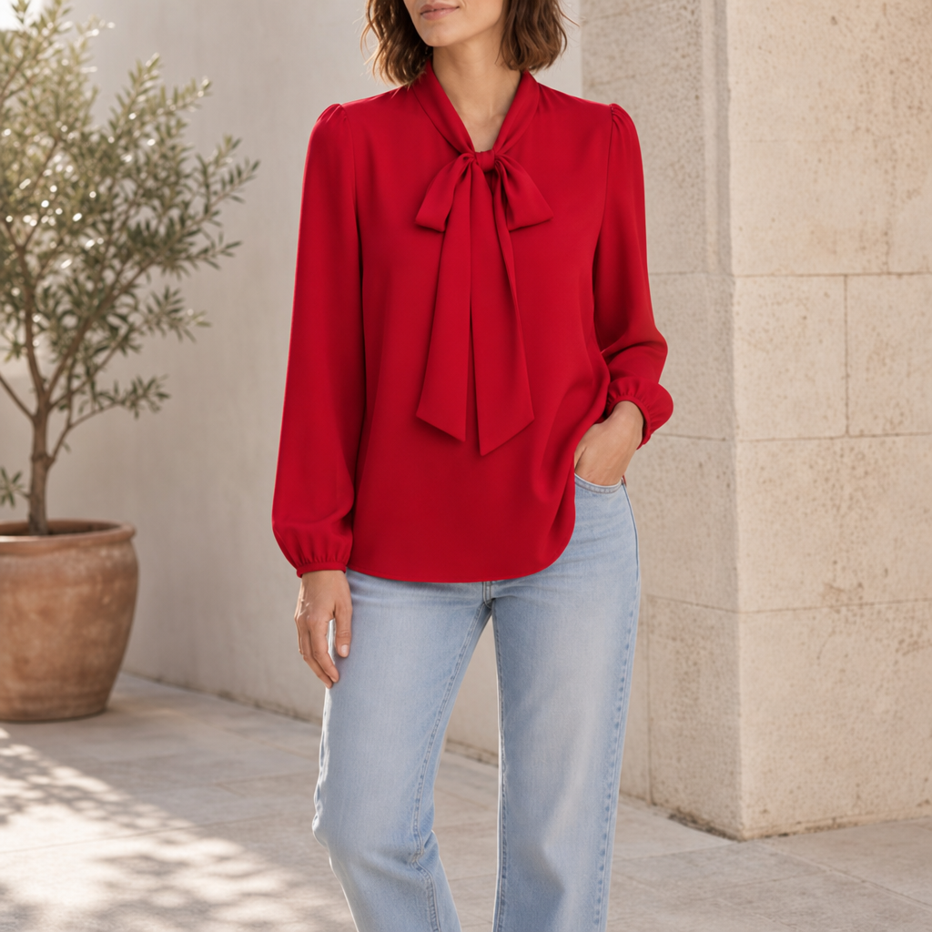 Perugia Bow-Tie Neck Blouse in Scarlet Red