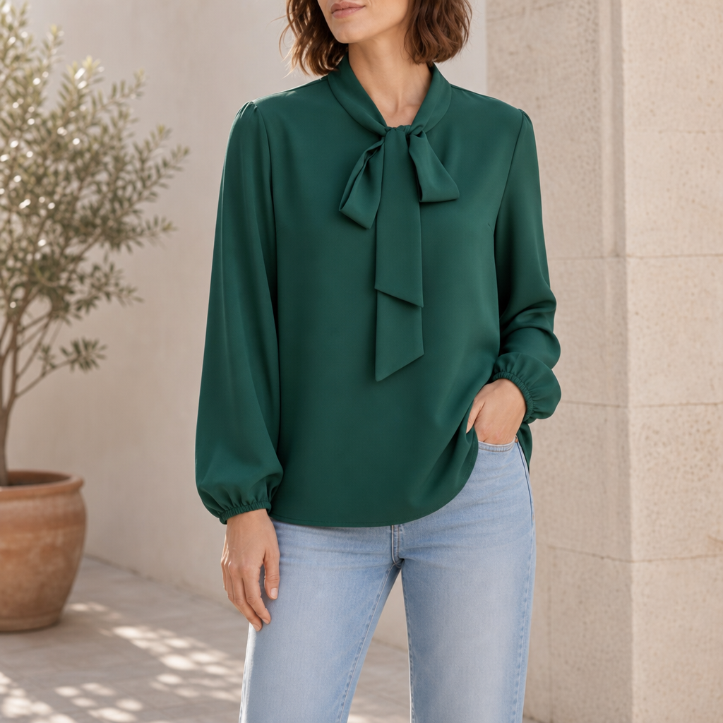 Perugia Bow-Tie Neck Blouse in Forest Green