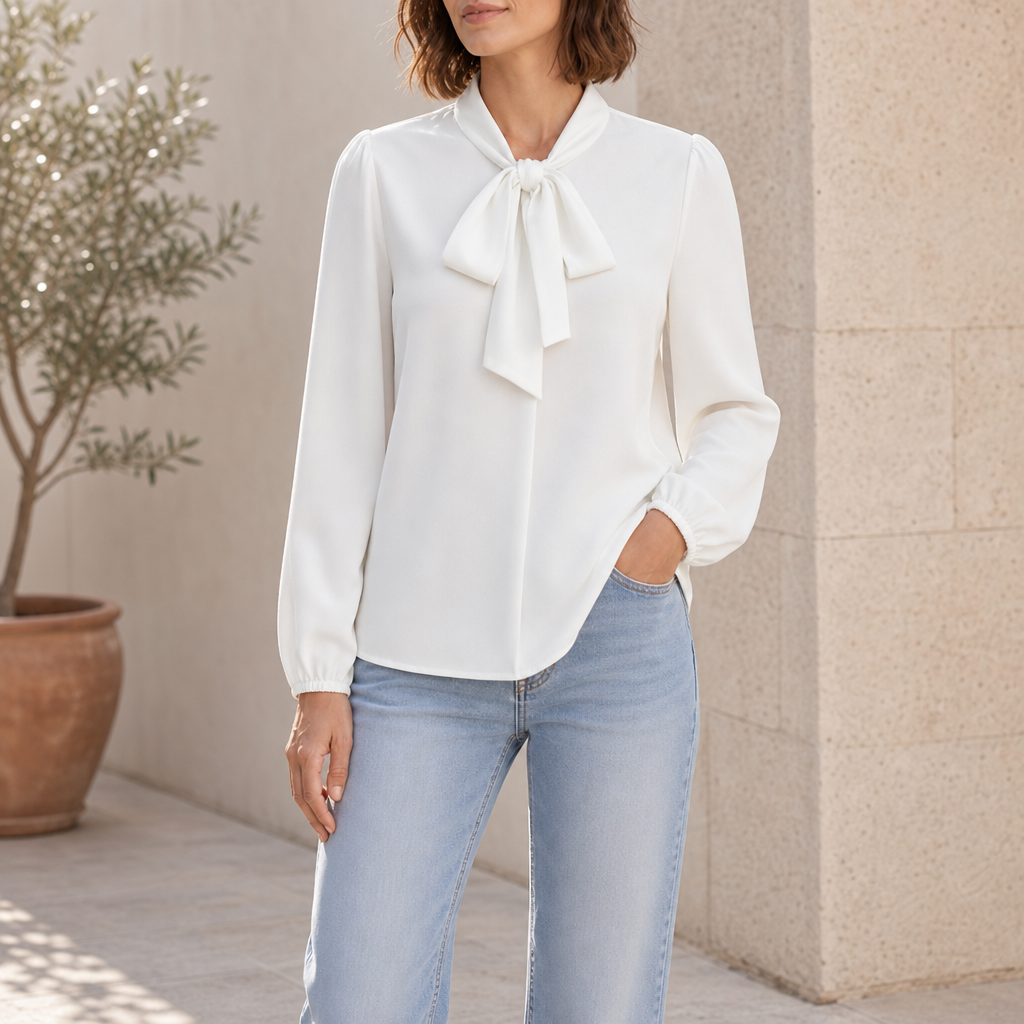 Perugia Bow-Tie Neck Blouse in Pure White
