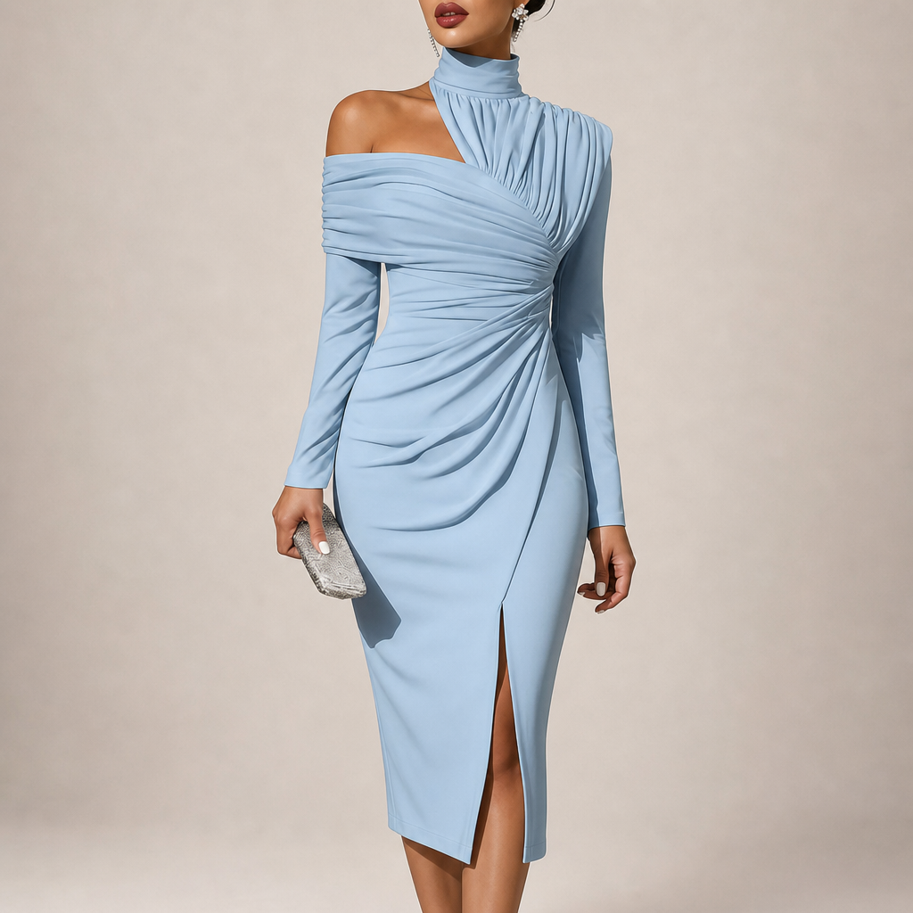 Porec Ruched Asymmetrical Midi Dress in Light  Blue