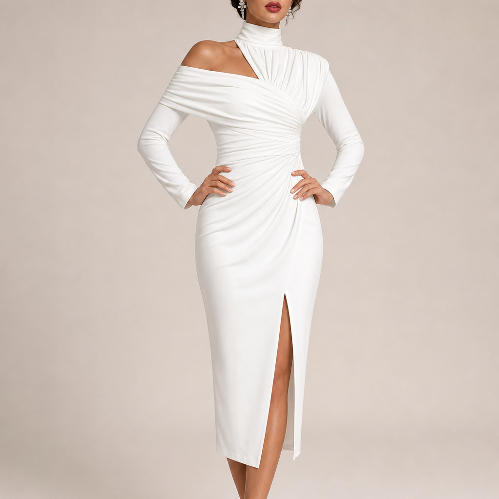 Porec Ruched Asymmetrical Midi Dress in White