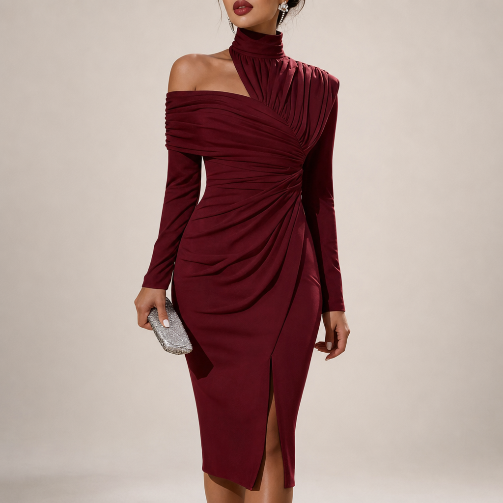 Porec Ruched Asymmetrical Midi Dress in Burgundy