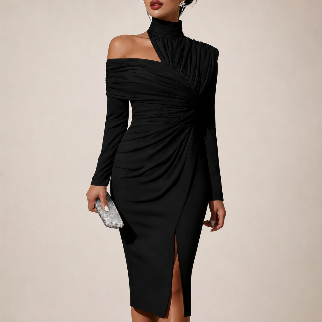 Porec Ruched Asymmetrical Midi Dress in Black