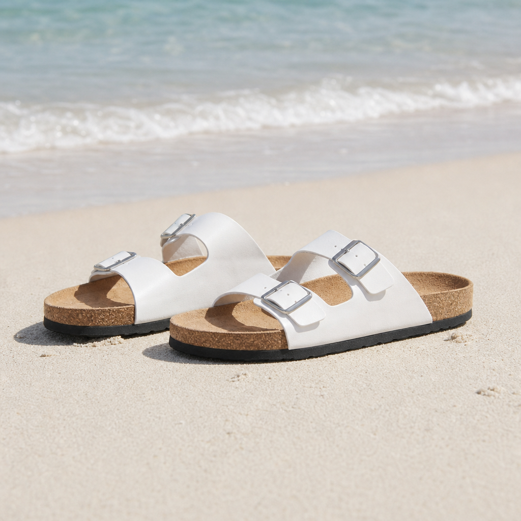 Poros Double Strap Buckle Sandals in White