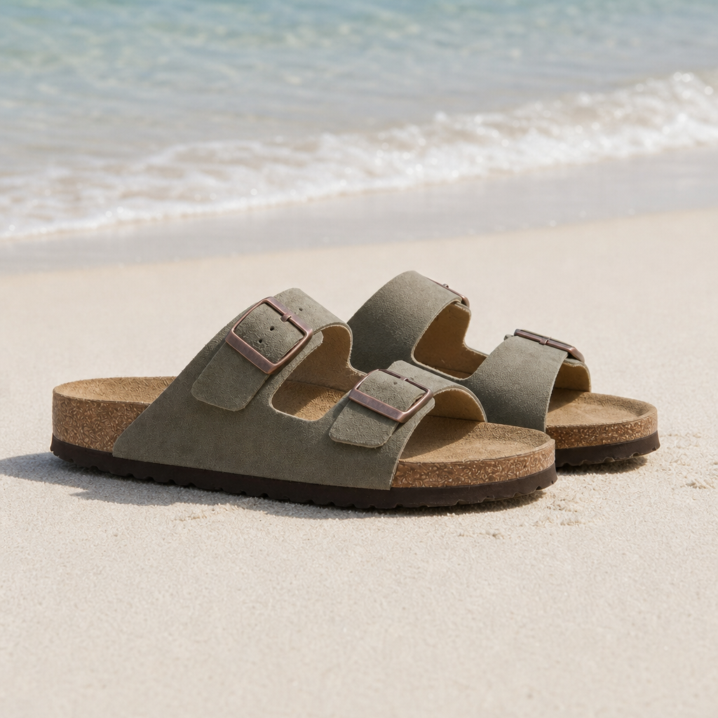 Poros Double Strap Buckle Sandals in Green