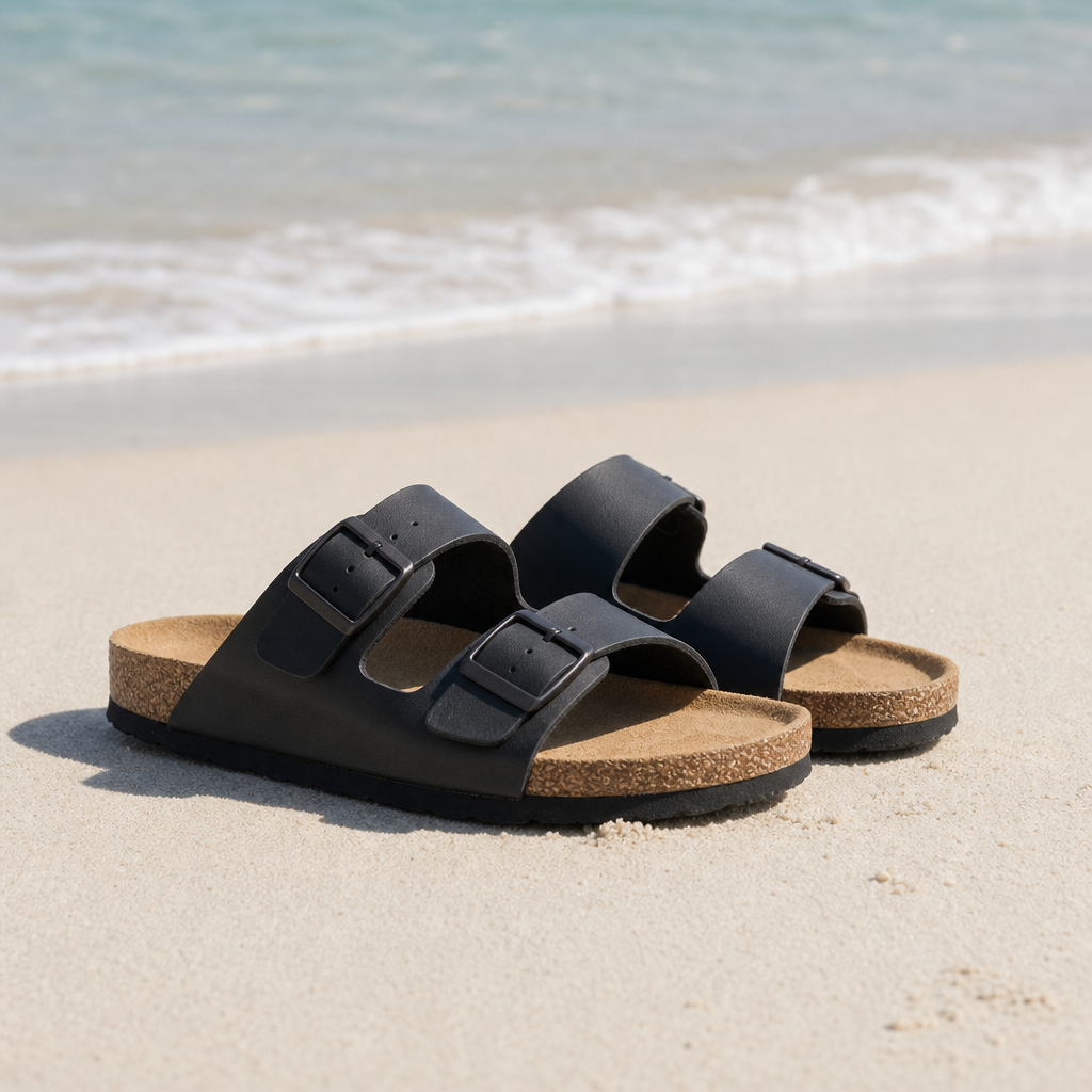 Poros Double Strap Buckle Sandals in Black