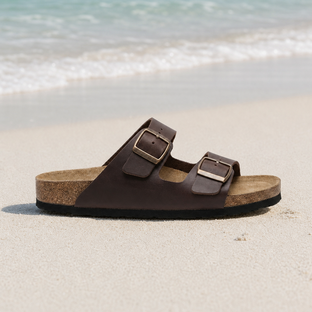 Poros Double Strap Buckle Sandals in Brown