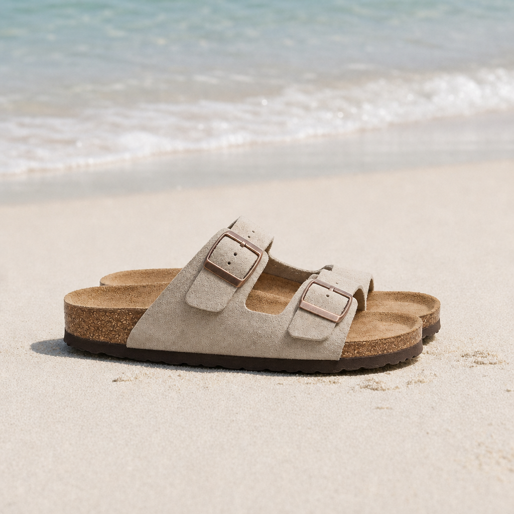 Poros Double Strap Buckle Sandals in Beige