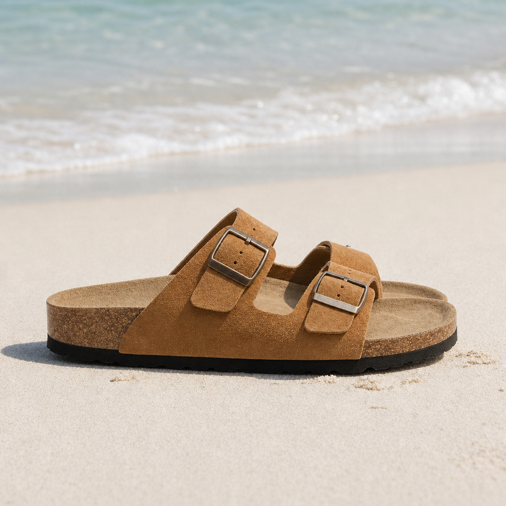 Poros Double Strap Buckle Sandals in Bronze