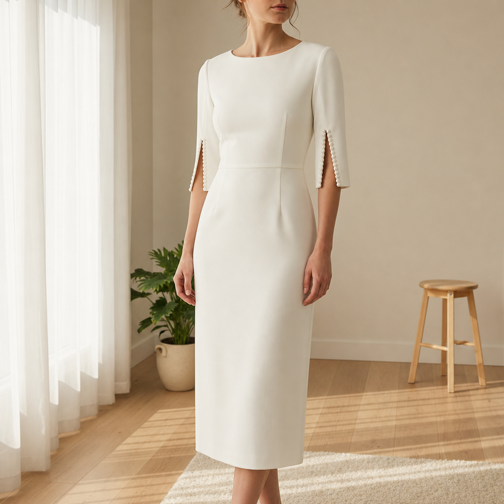 Porto Vecchio Split Sleeve Fitted Dress in White