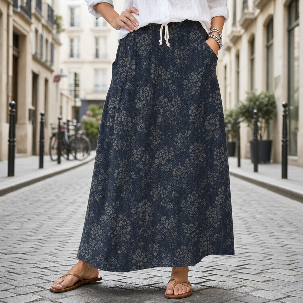Portofino Floral Midi Skirt in NavyBlue