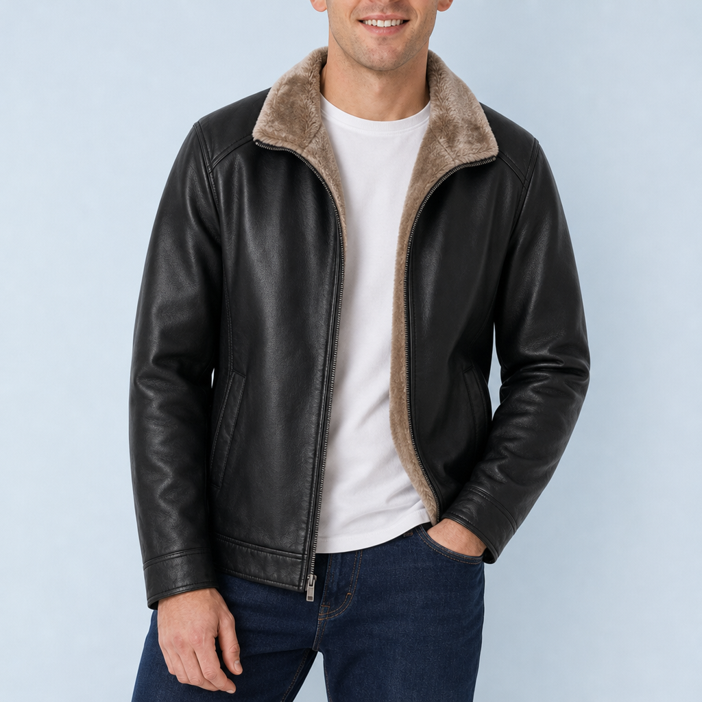Pylos Shearling Lined Leather Jacket in Black