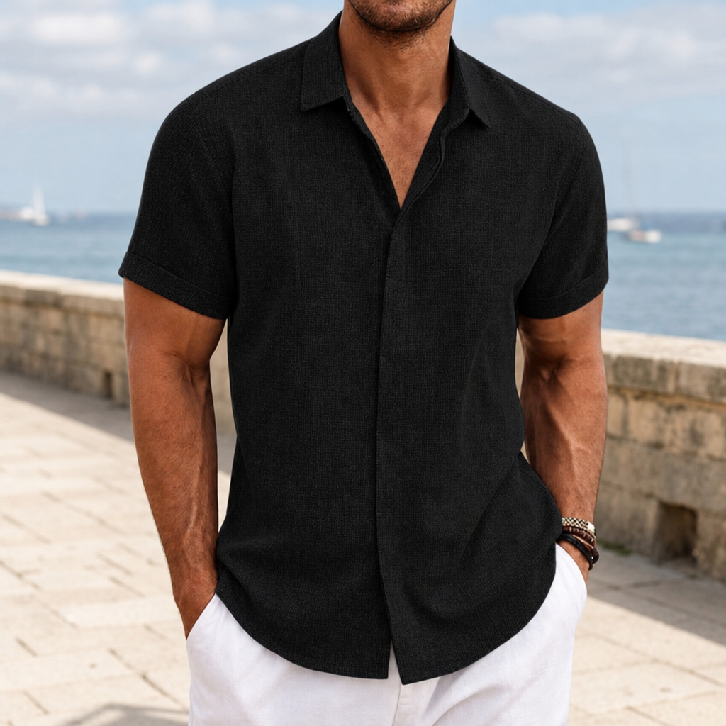 Ravello Linen Blend Button Shirt in Black