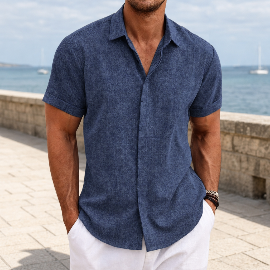 Ravello Linen Blend Button Shirt in Blue