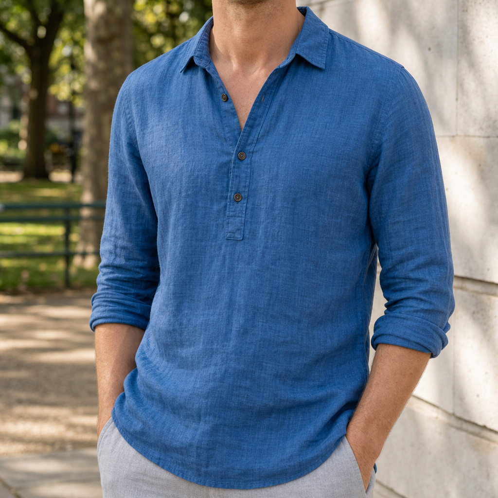 Ravello Linen Henley Shirt in Blue