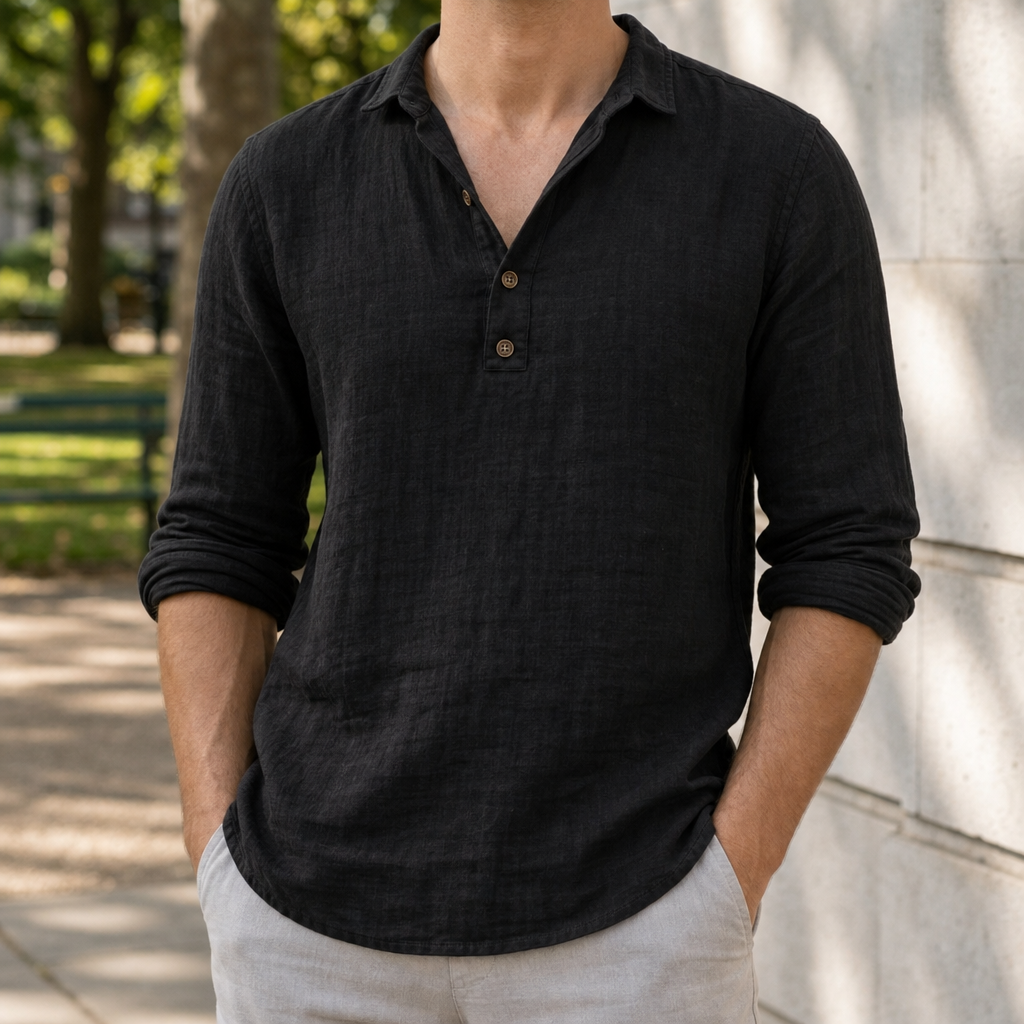 Ravello Linen Henley Shirt in Black