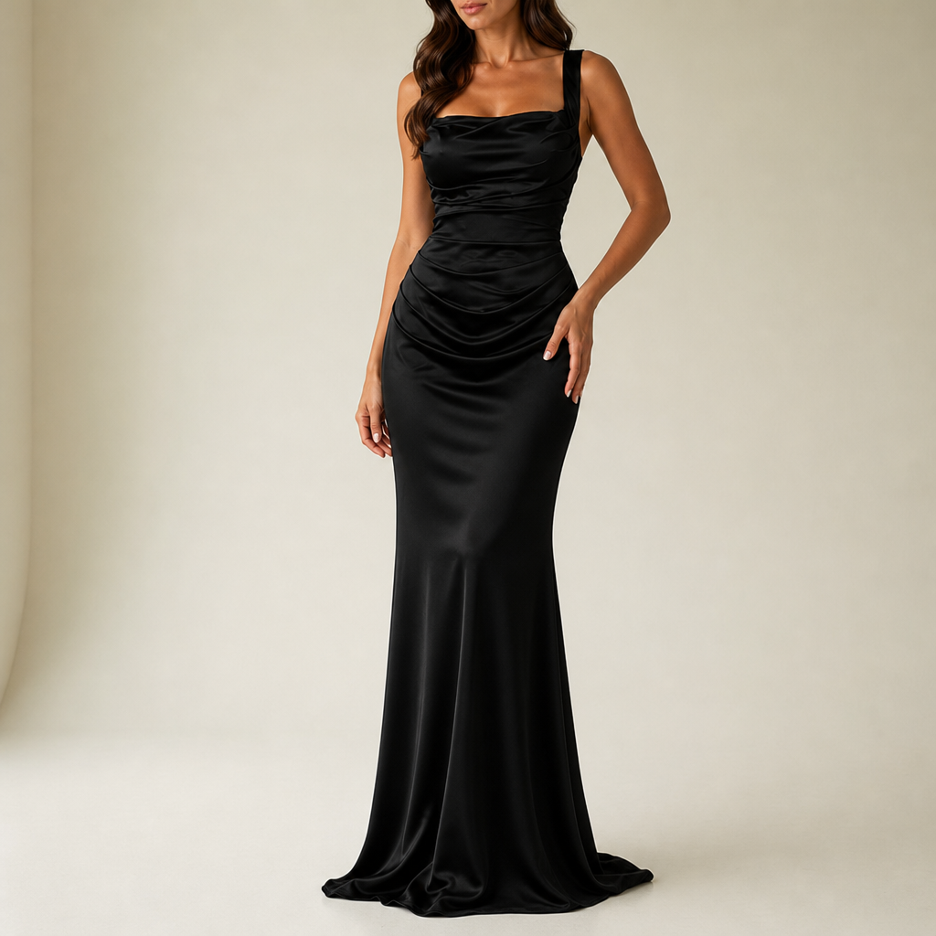Ravello Satin Ruched Maxi Dress in Black