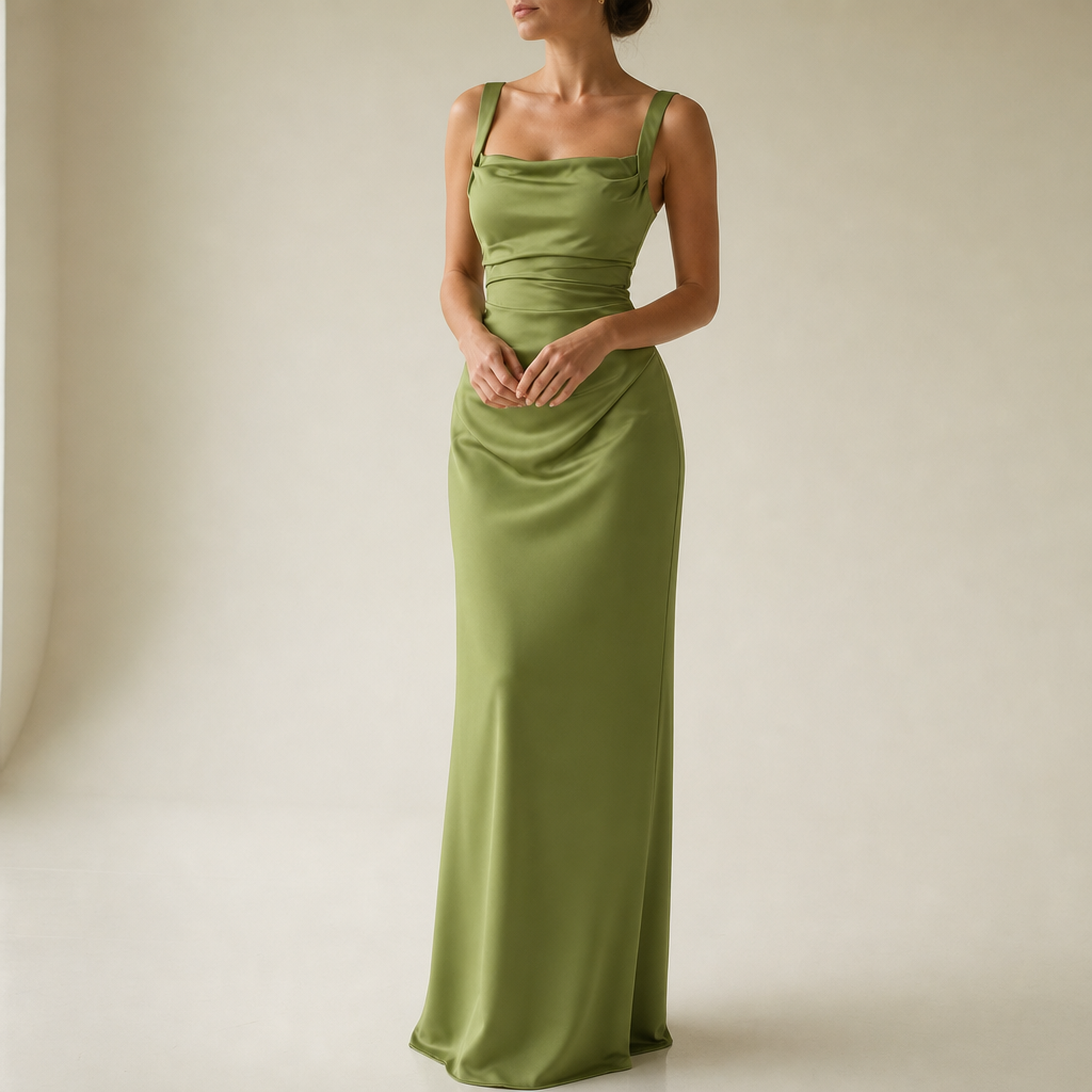 Ravello Satin Ruched Maxi Dress in Green