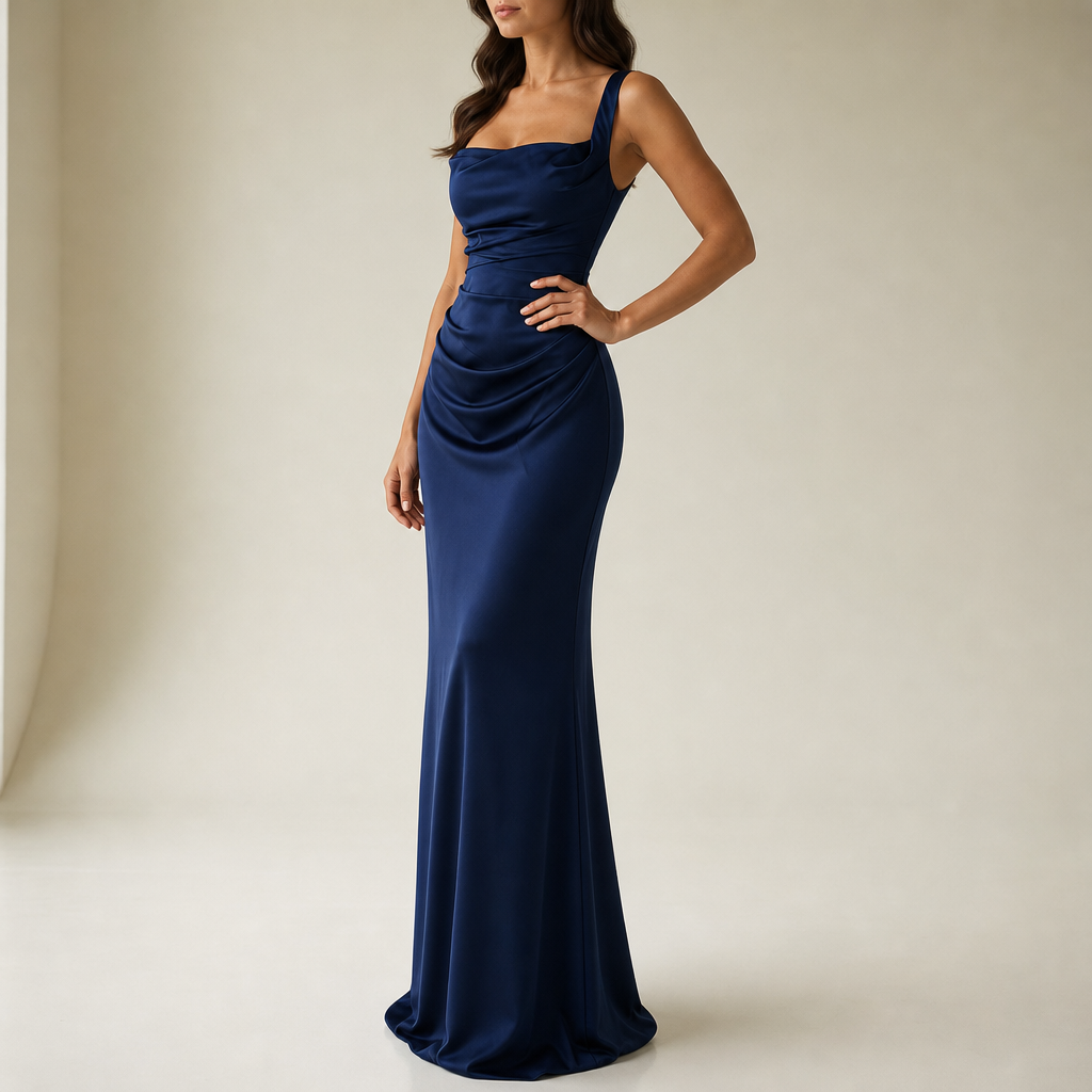 Ravello Satin Ruched Maxi Dress in Navy