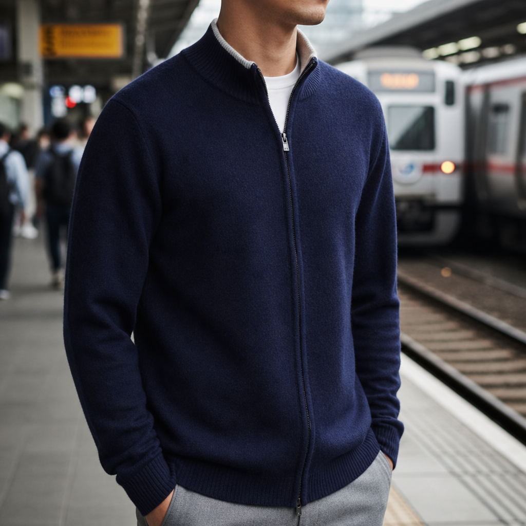 Rethymno Cashmere Zip Cardigan in Navy Blue
