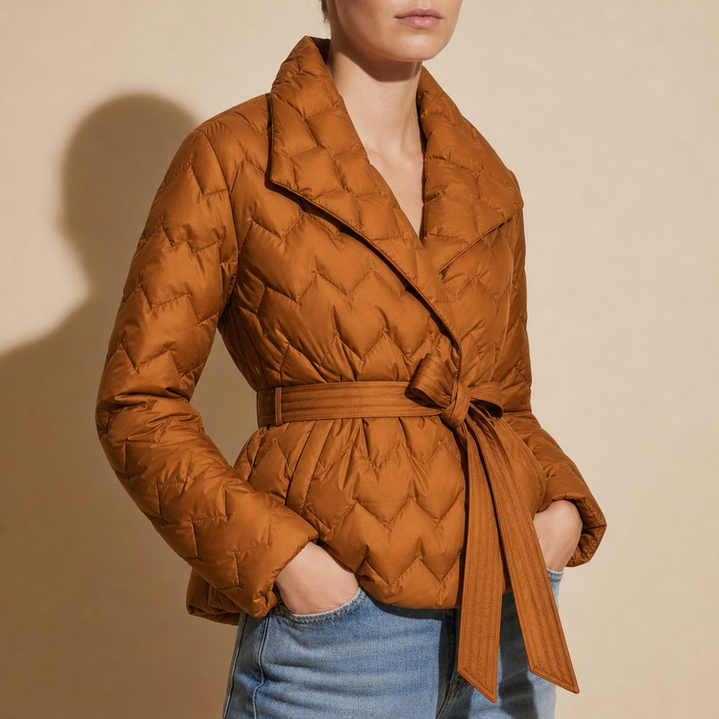 Rimini Belted Quilted Down Coat in Amber Orange