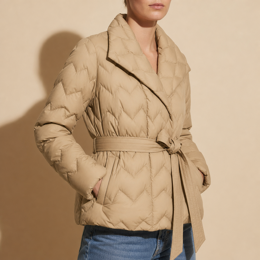 Rimini Belted Quilted Down Coat in Sandstone Beige