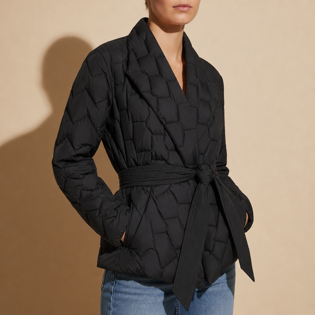 Rimini Belted Quilted Down Coat in Midnight Black