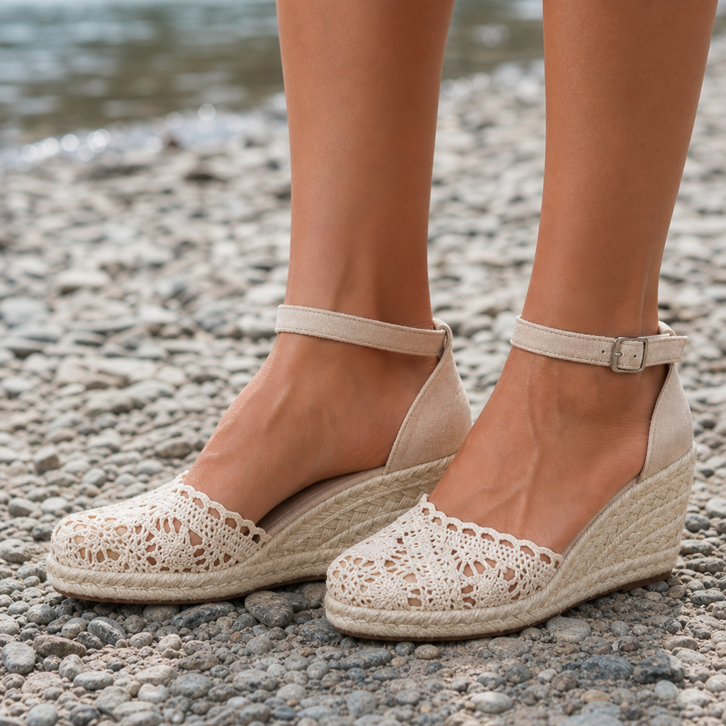 Rovinj Orthopedic Crochet Wedge Espadrilles in Beige