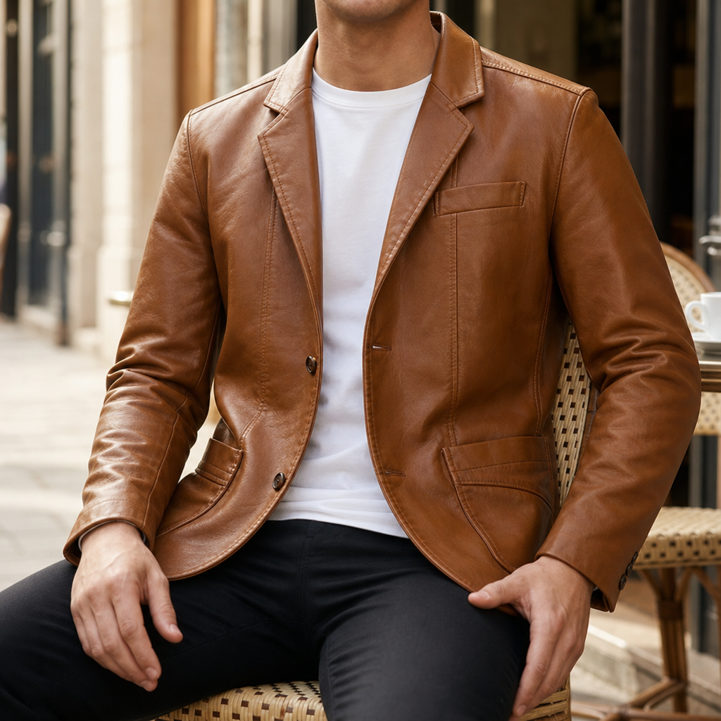 Santander Leather Blazer Jacket in Cognac Brown