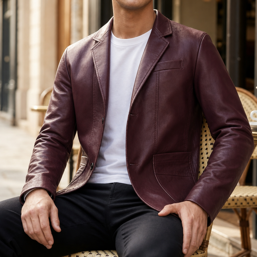 Santander Leather Blazer Jacket in Burgundy Red