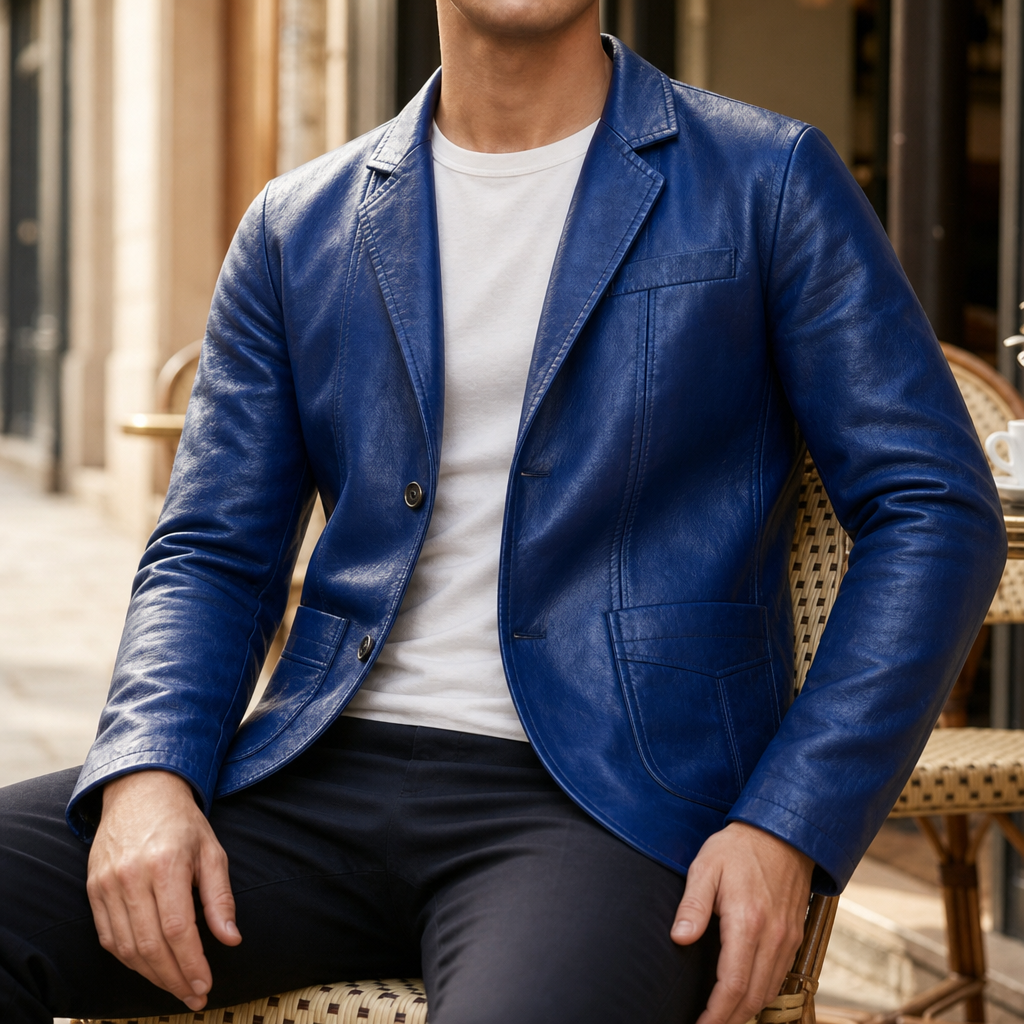 Santander Leather Blazer Jacket in Royal Blue