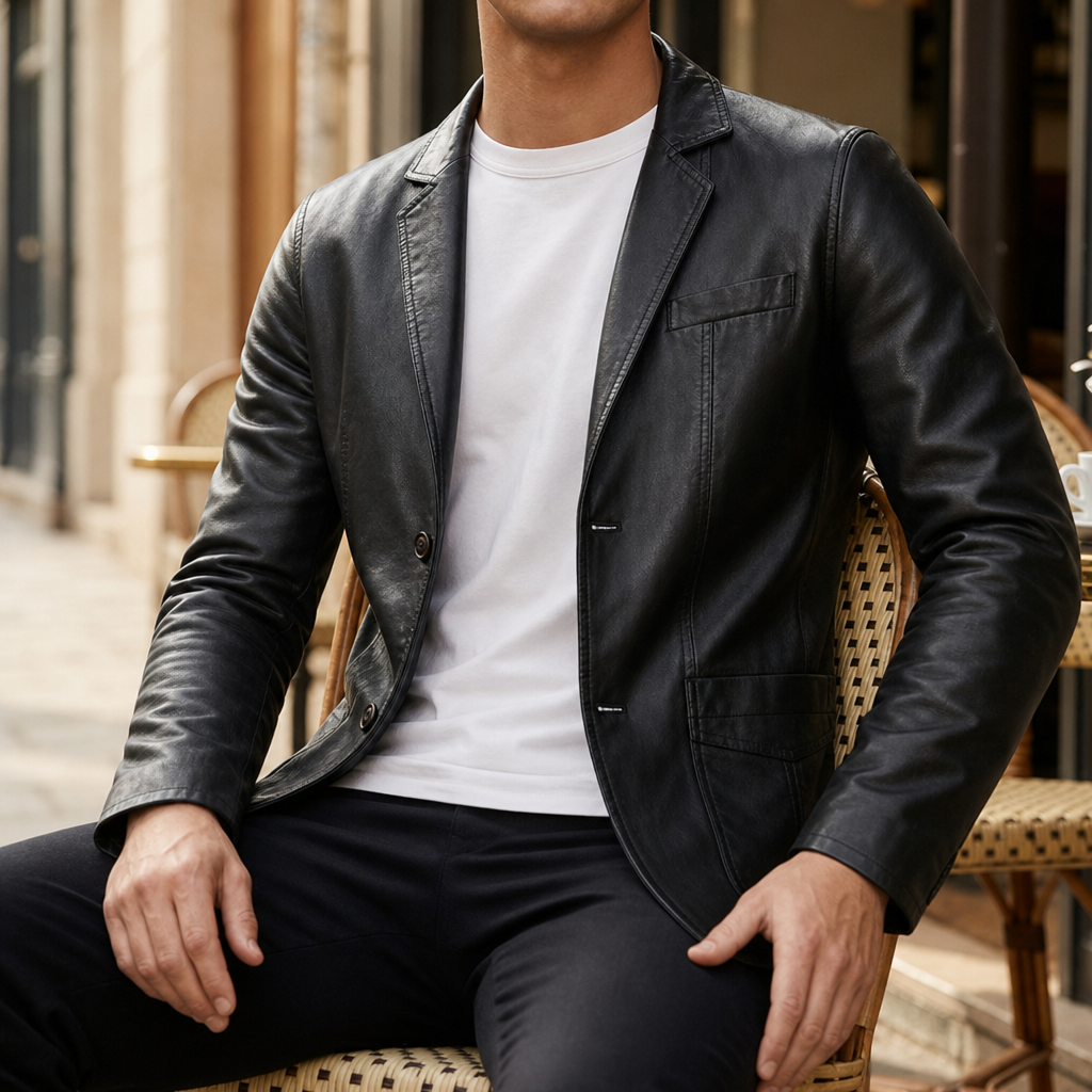 Santander Leather Blazer Jacket in Obsidian Black