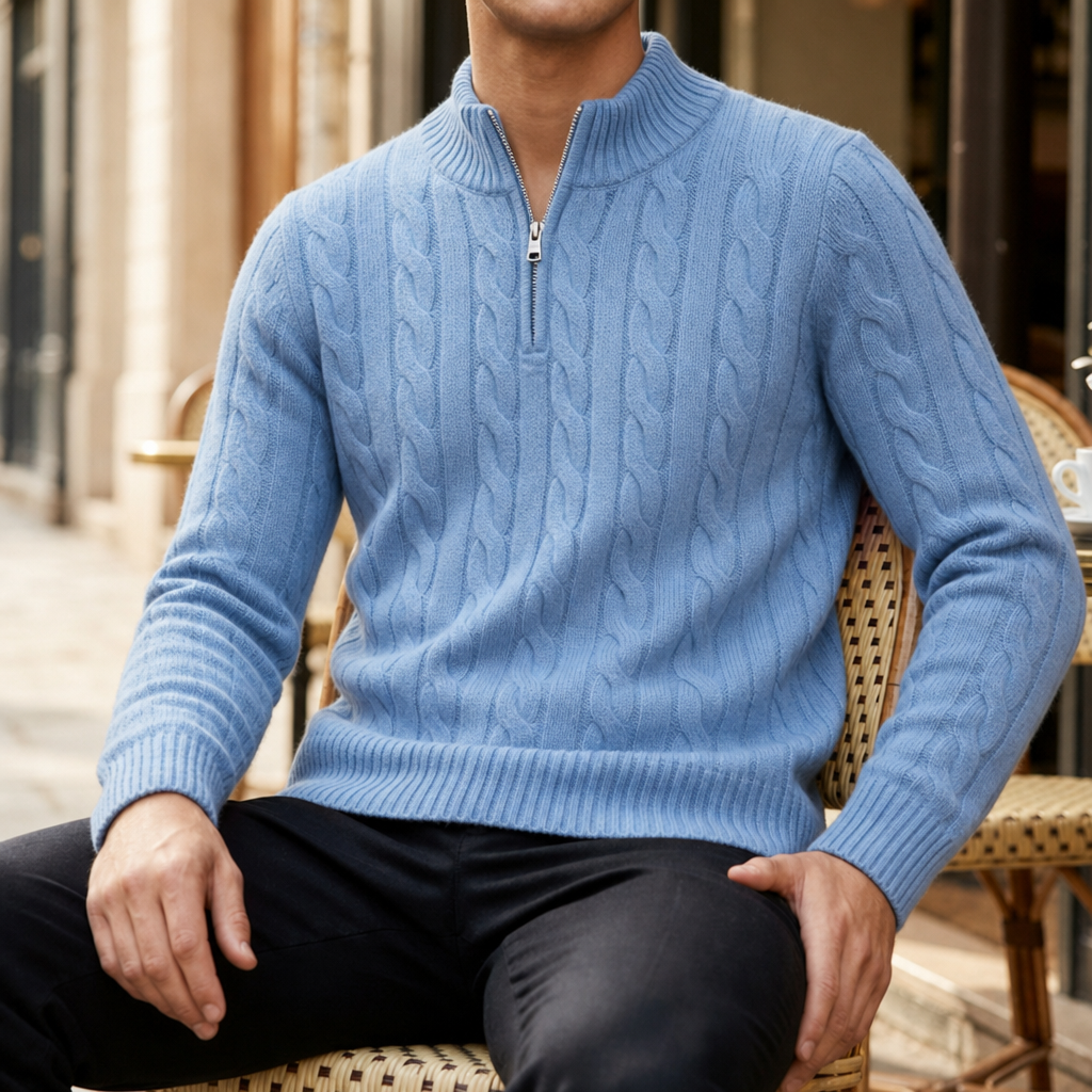 Segovia Cable Knit Half-Zip Sweater in Light Blue