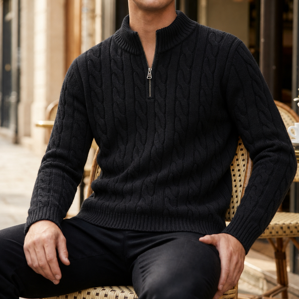 Segovia Cable Knit Half-Zip Sweater in Black