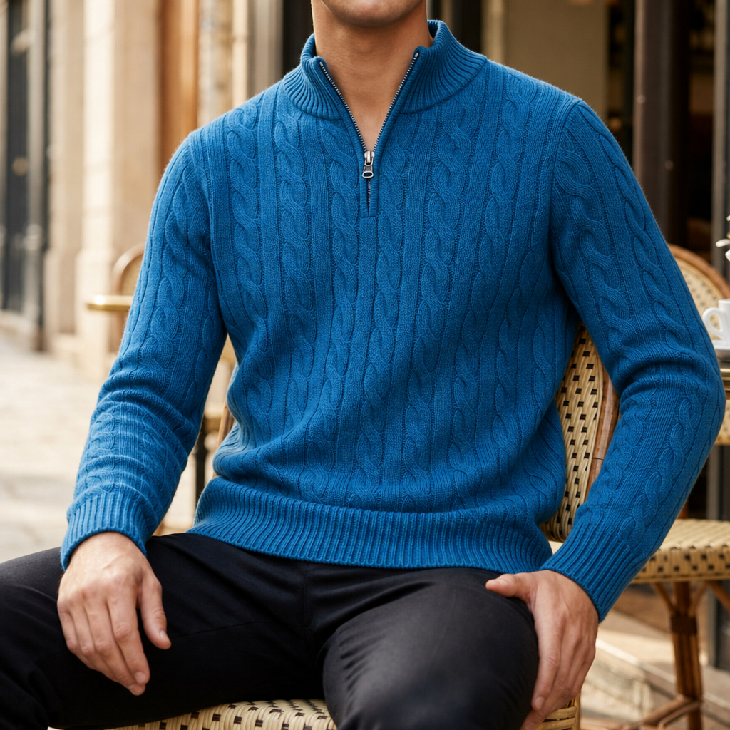 Segovia Cable Knit Half-Zip Sweater in Turquoise
