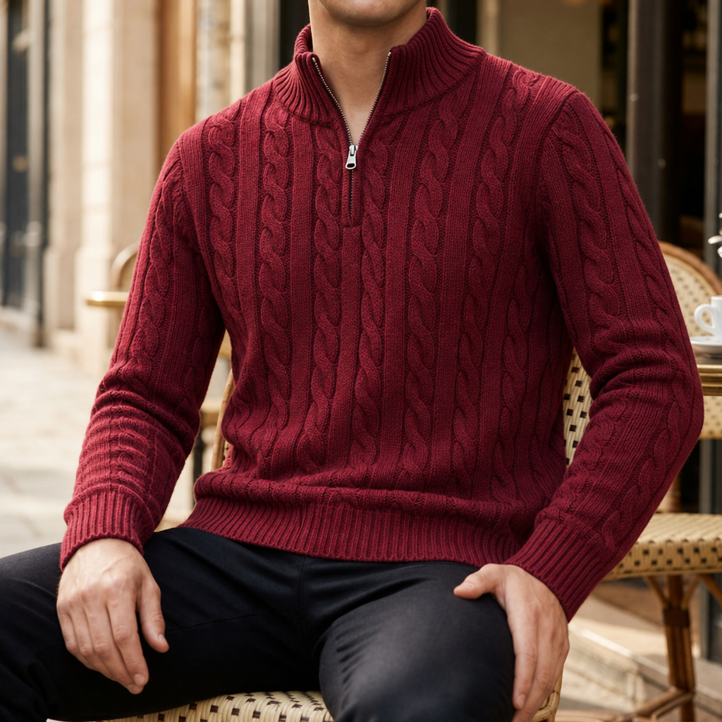 Segovia Cable Knit Half-Zip Sweater in Burgundy