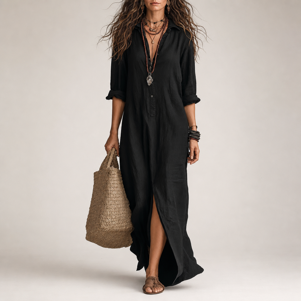 Serifos Linen Blend Shirt Dress in Black