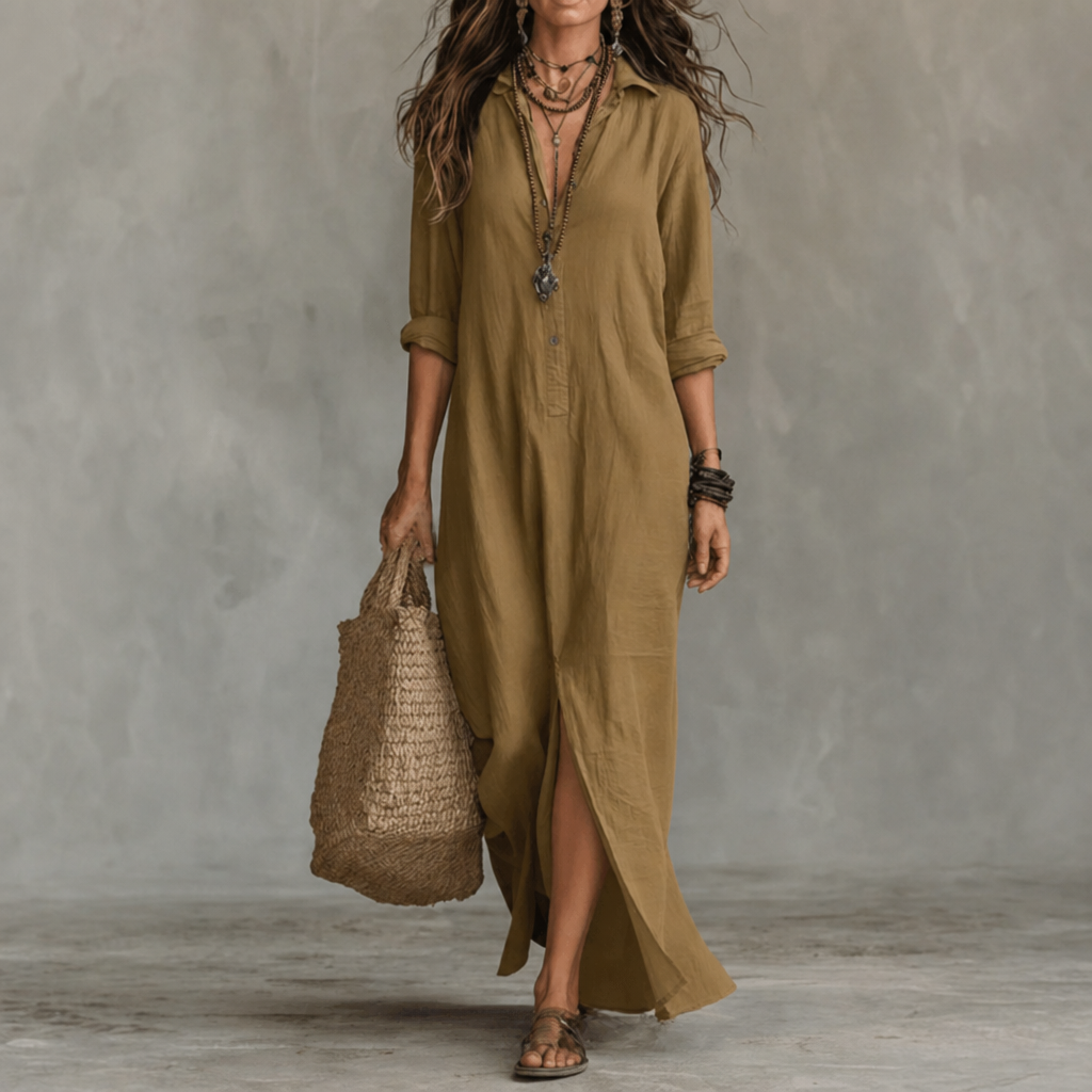 Serifos Linen Blend Shirt Dress in Khaki