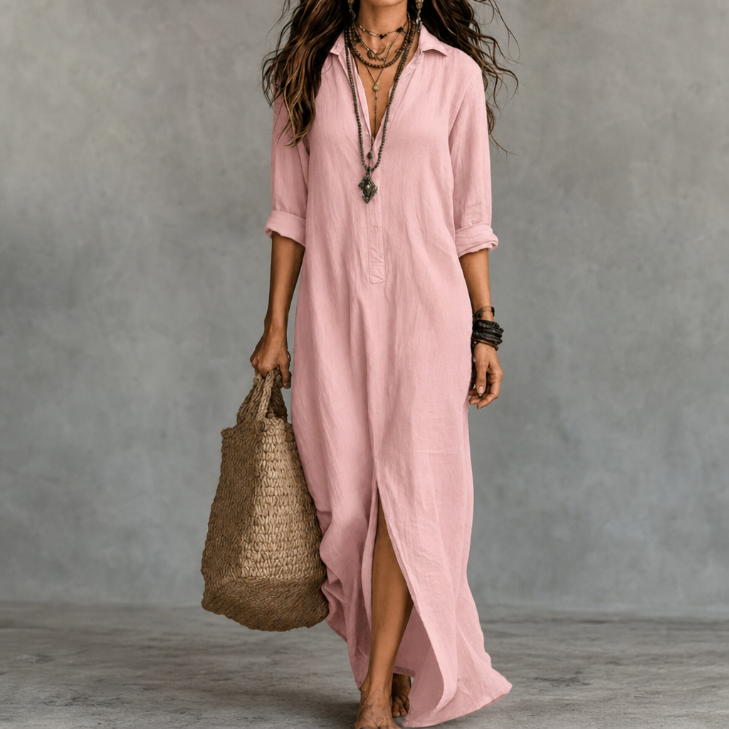 Serifos Linen Blend Shirt Dress in Pink