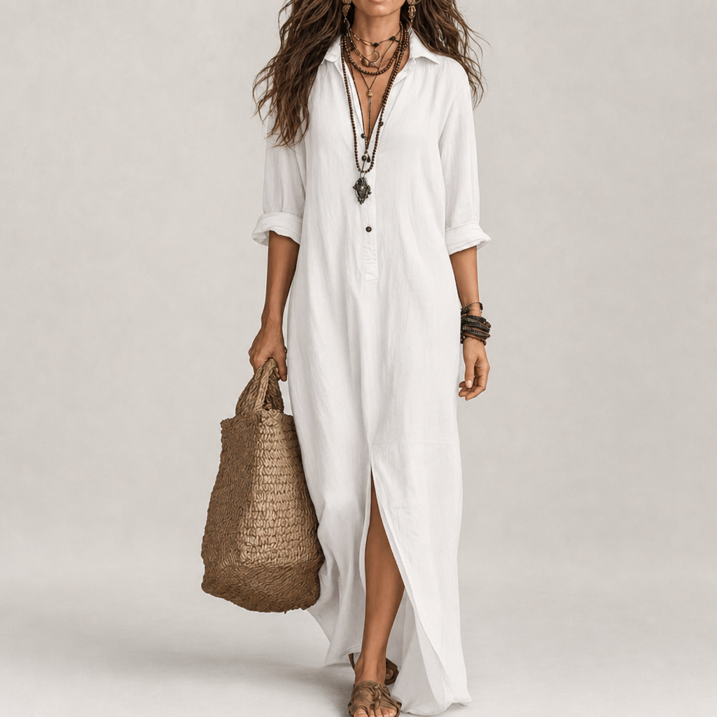Serifos Linen Blend Shirt Dress in White