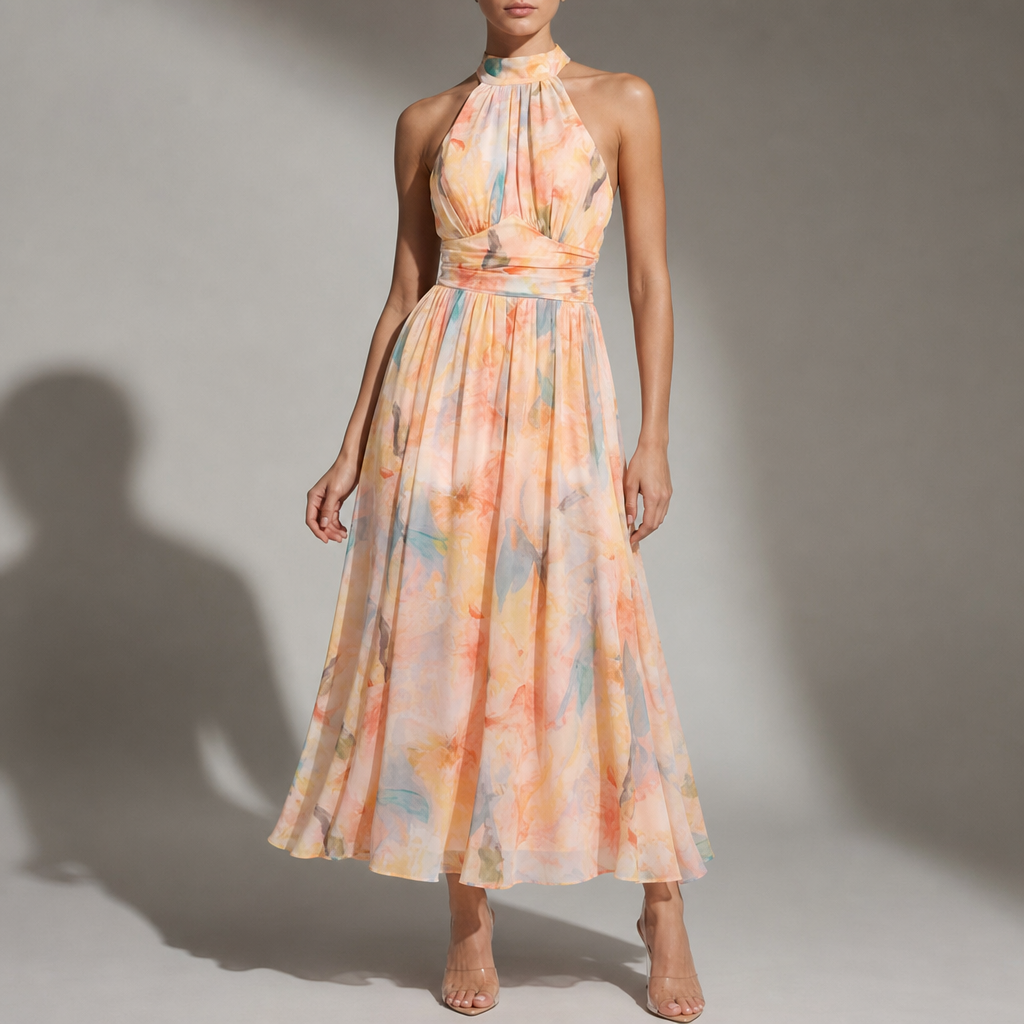 Sesimbra Floral Halter Maxi Dress in Peach